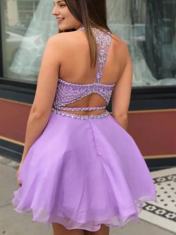 Round Neck Two Pieces Beaded Purple Short Prom Graduation Evening Party Dresses Homecoming Dresses