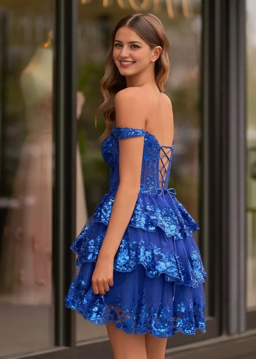 Royal Blue A-Line Sweetheart Tiered Short Length Off-the-Shoulder Sweetheart Neckline Sleeveless Lace-up Back Ruffles Sequins