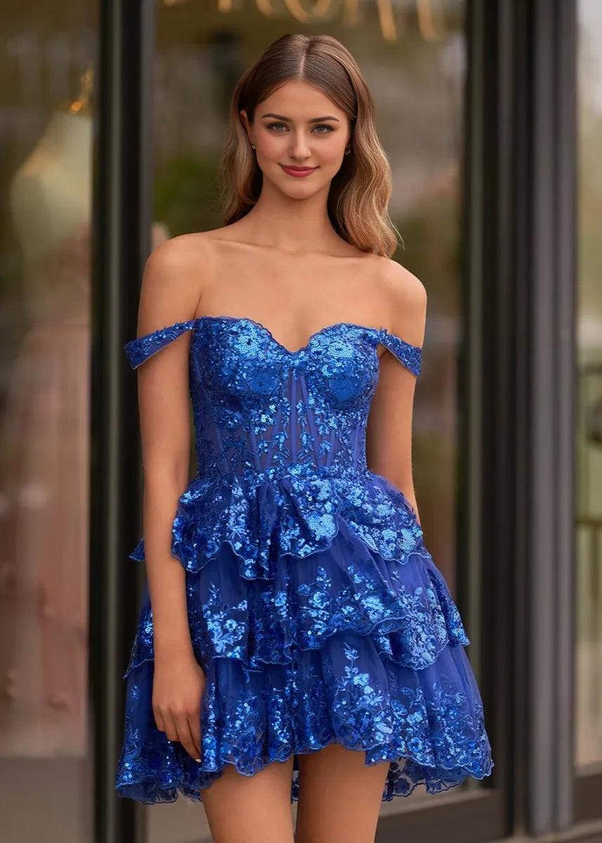 Royal Blue A-Line Sweetheart Tiered Short Length Off-the-Shoulder Sweetheart Neckline Sleeveless Lace-up Back Ruffles Sequins