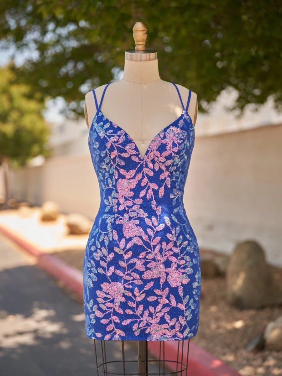 Royal Blue Bodycon V-Neckline Sleeveless Lace-Up Back Sequined Short Length Party Dresses Homecoming Dress Prom Dress