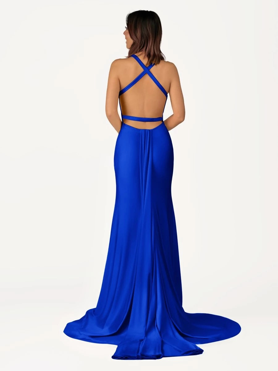 Royal Blue Mermaid V-Neck Satin With Tail Sleeveless Lace Up Evening Dress Party Dresses Homecoming Dress Prom Dress