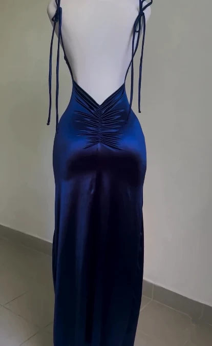 Royal Blue Straps Backless Satin Long Floor length Sleeveless Prom Dress Party Dress Cocktail Dress Homecoming Dress Evening Dress