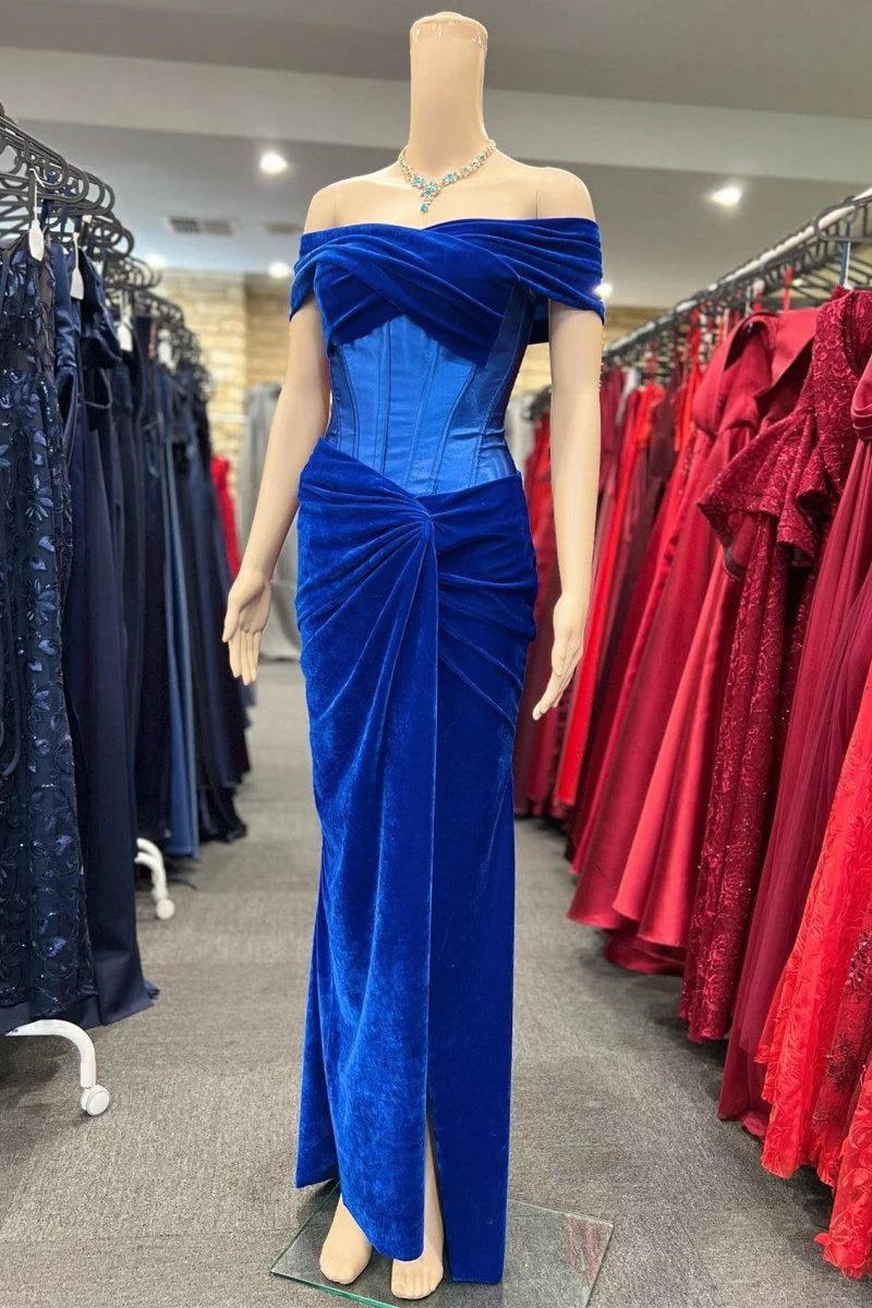 Royal Blue Velvet Off-the-Shoulder Twist-Knot Sheath Formal Evening Dresses Evening Dresses Prom Dress