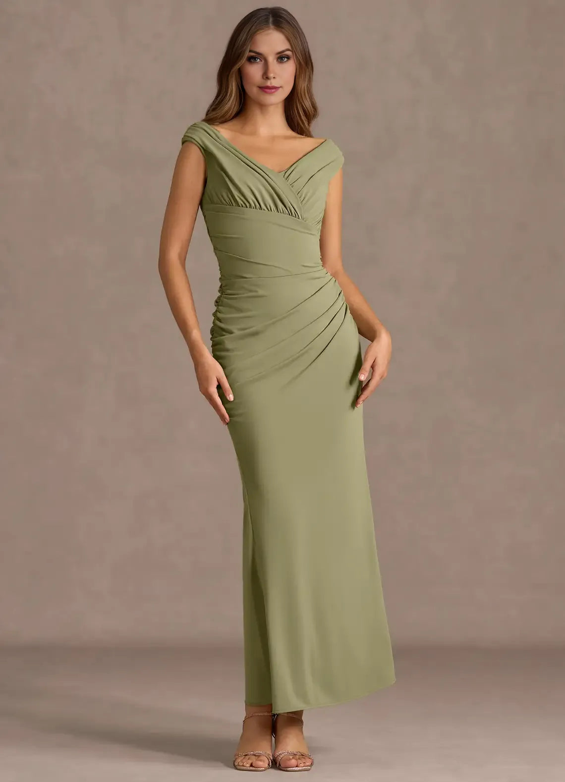 Ruched Bodice Off Shoulder Sheath V Back Midi Length Hot sale Prom Dress