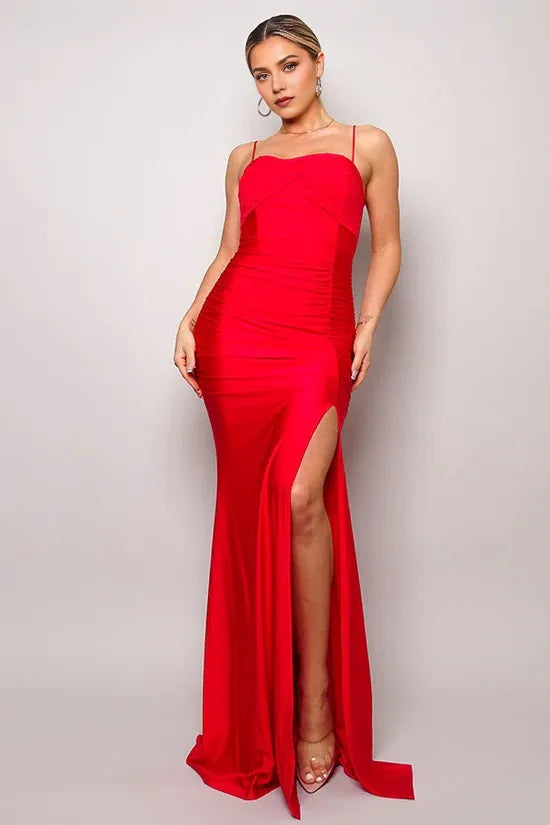 Ruched Bodice Spaghetti Strap Satin Mermaid Open Back High Slit Floor Length For Sale Prom Dress