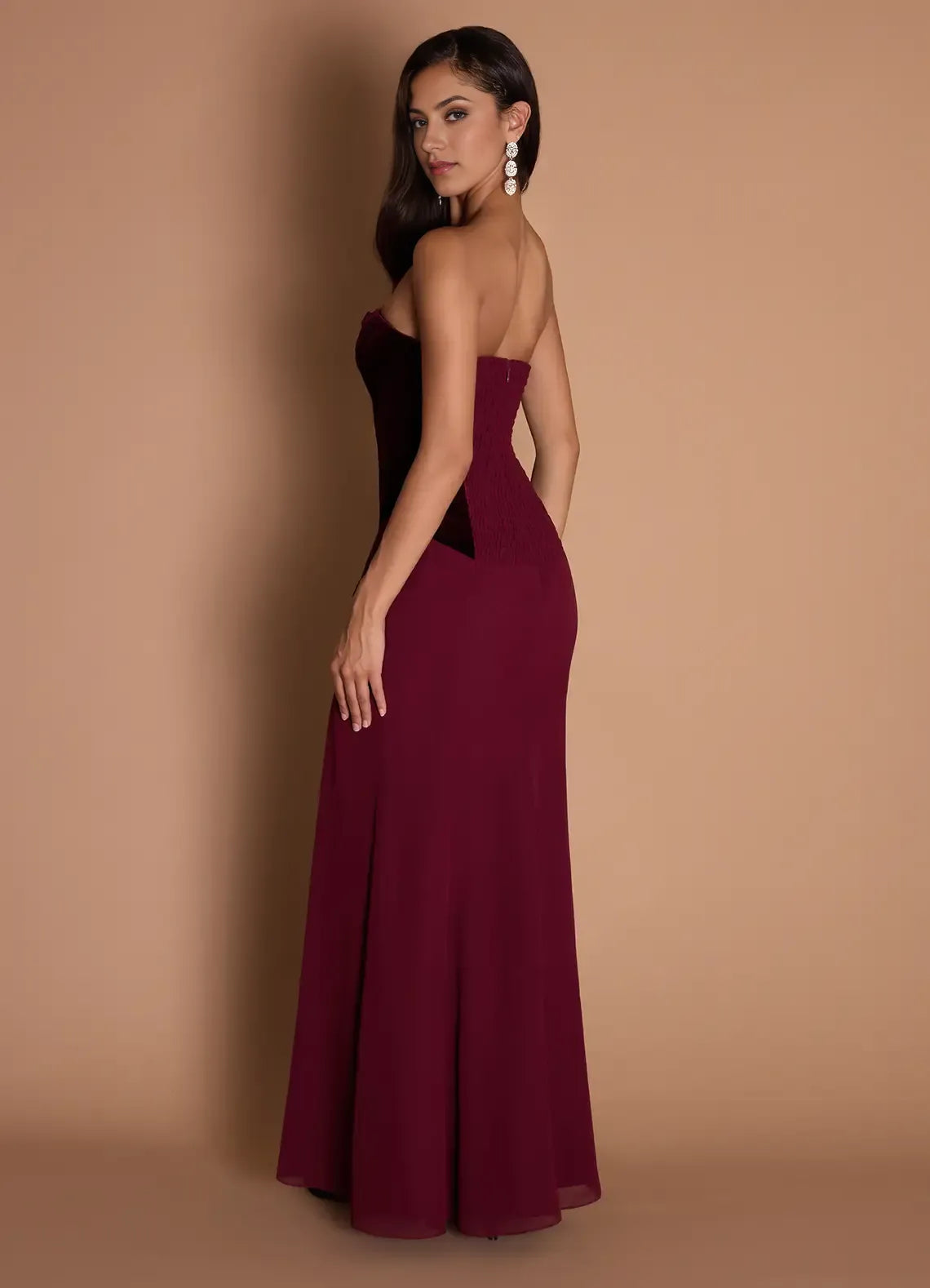 Ruched Bodice Strapless Chiffon Mermaid Open Back High Slit Floor Length Female Prom Dress ﻿