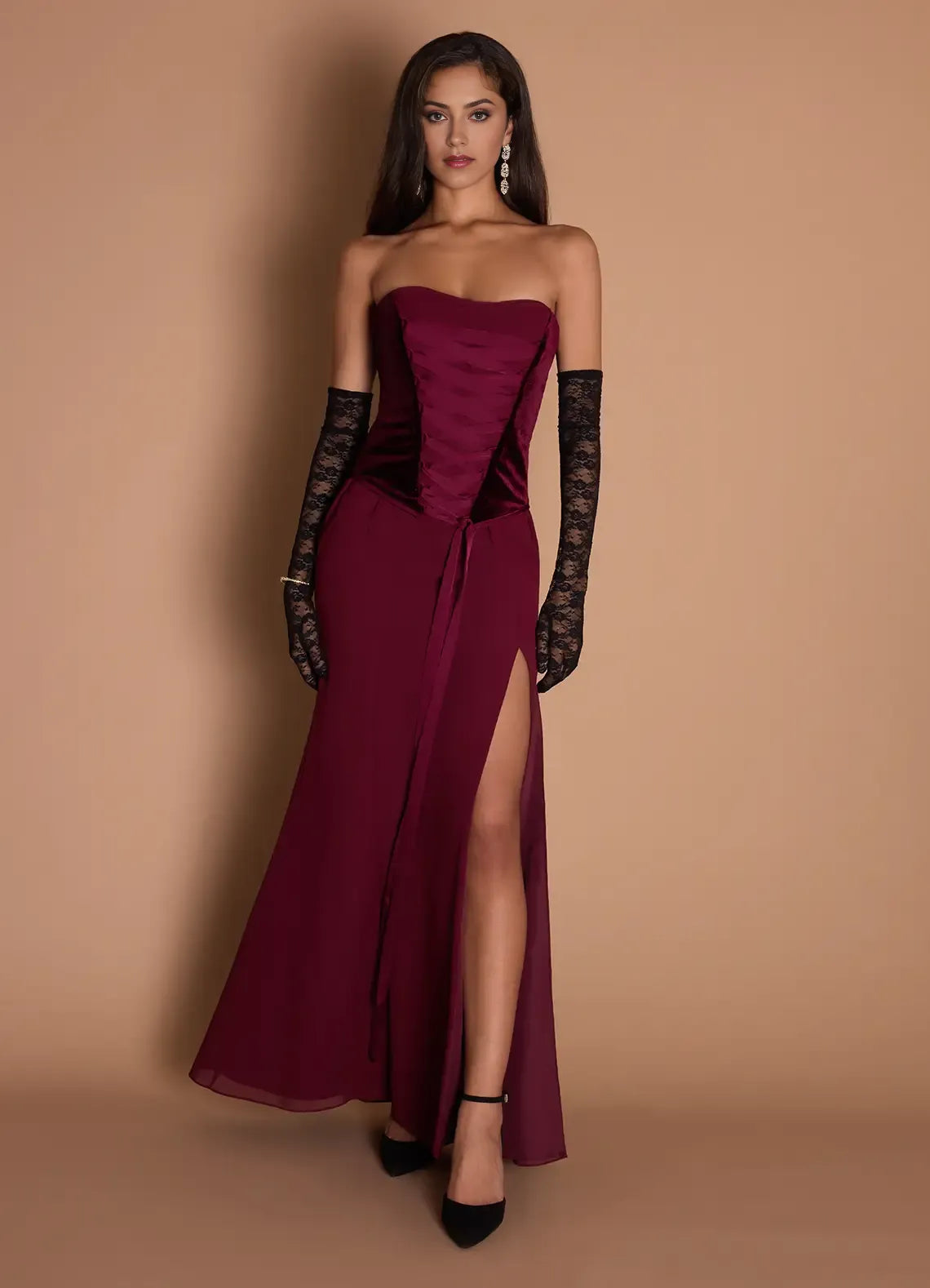 Ruched Bodice Strapless Chiffon Mermaid Open Back High Slit Floor Length Female Prom Dress ﻿