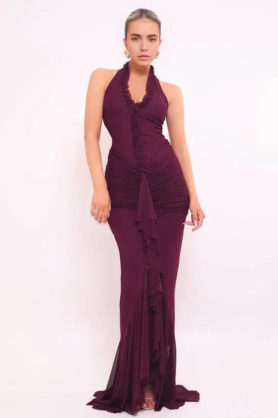 Ruched Mermaid Halter Neck Sleeveless Open Back Train Floor Length For Women Prom Dress