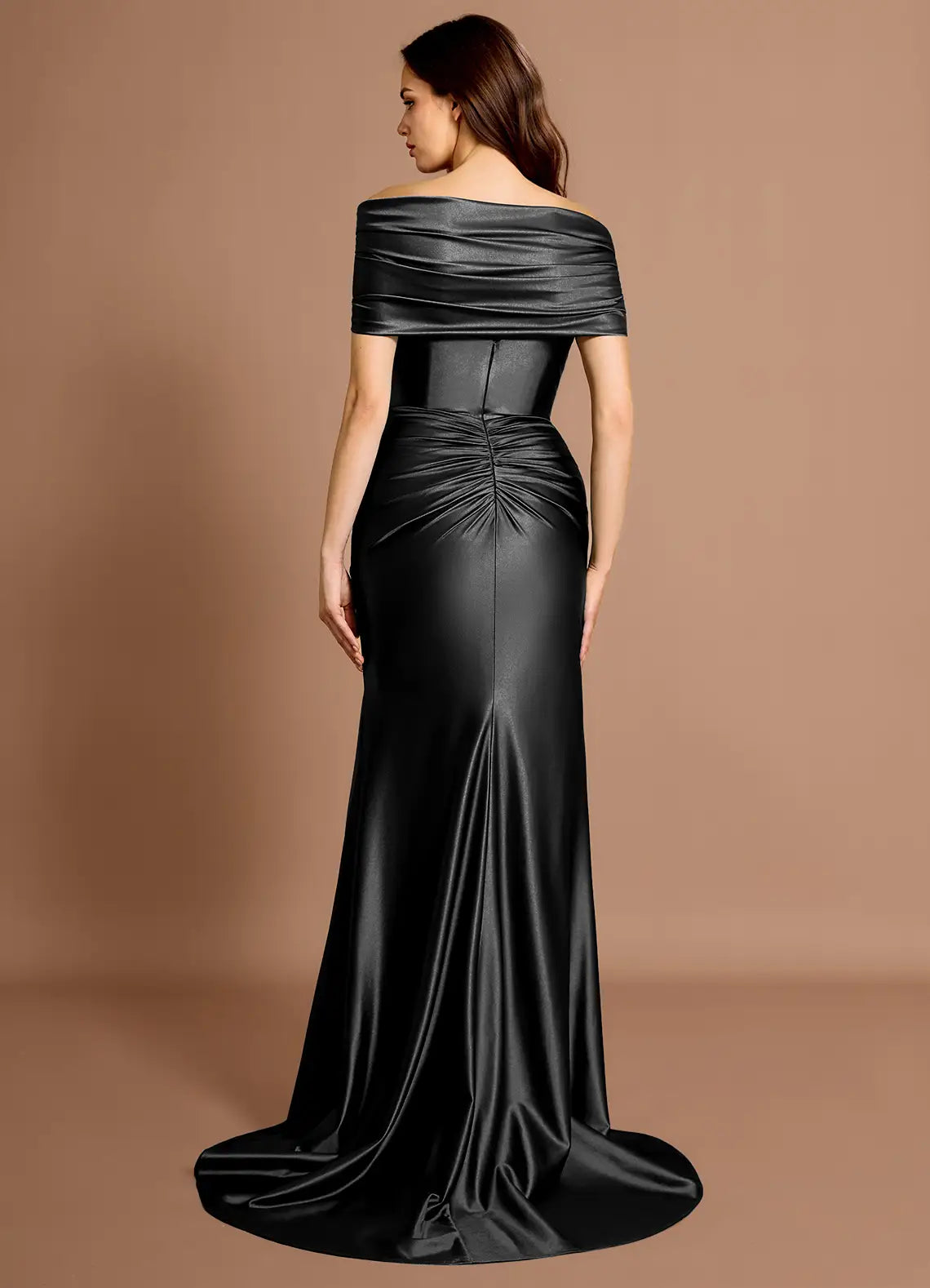 Ruched Shoulder Mermaid Satin Off The Shoulder Train Back Floor Length Hot sale Prom Dress