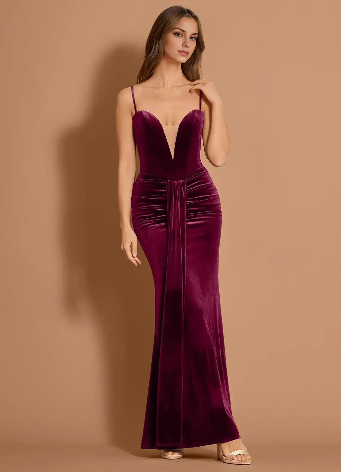 Ruched Velvet Mermaid Sweetheart Spaghetti Strap Open Back Floor Length For Ladies Prom Dress