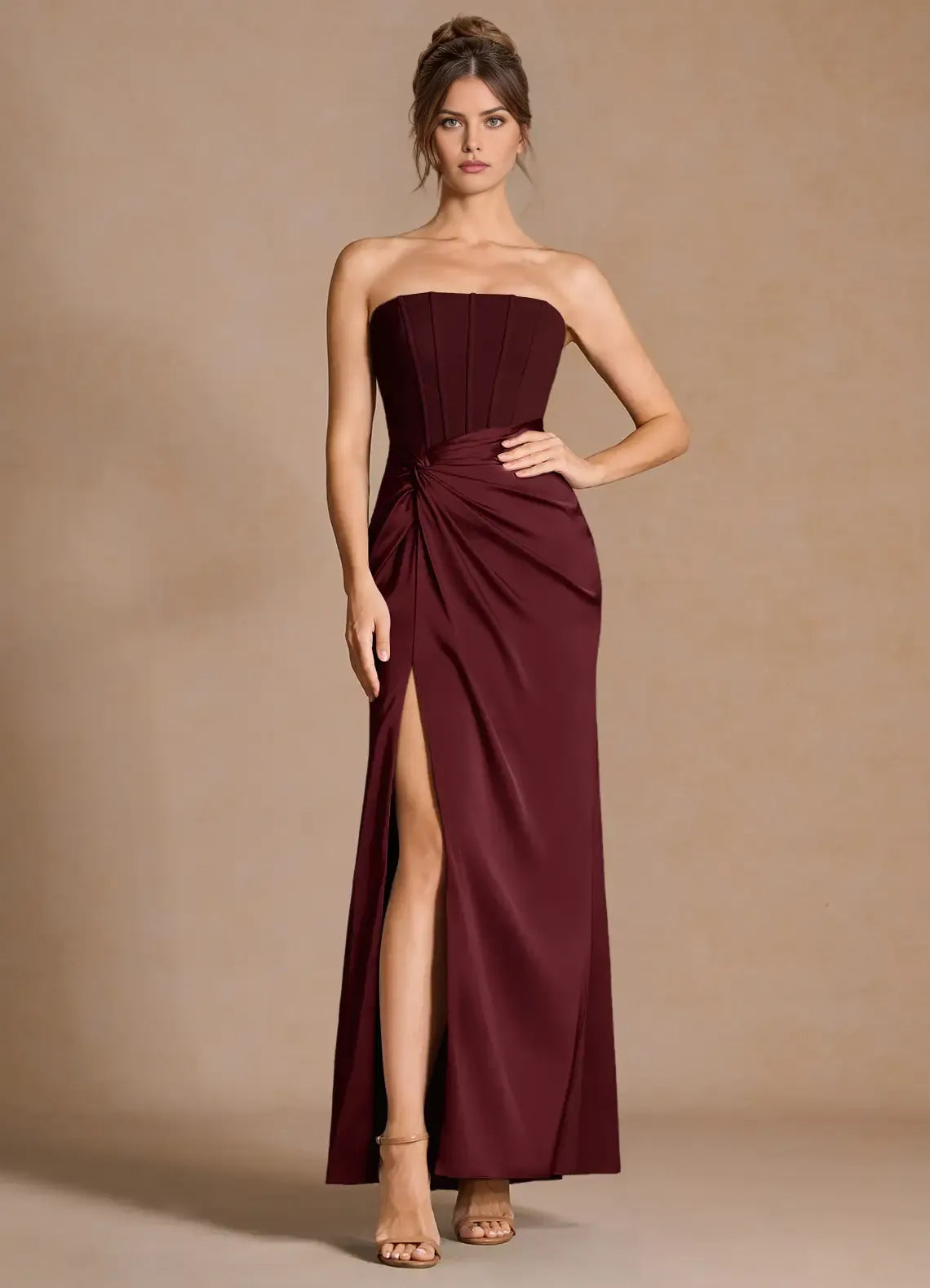 Ruched Waist Strapless Mermaid Satin Zipper Back Floor Length Hot sale Prom Dress