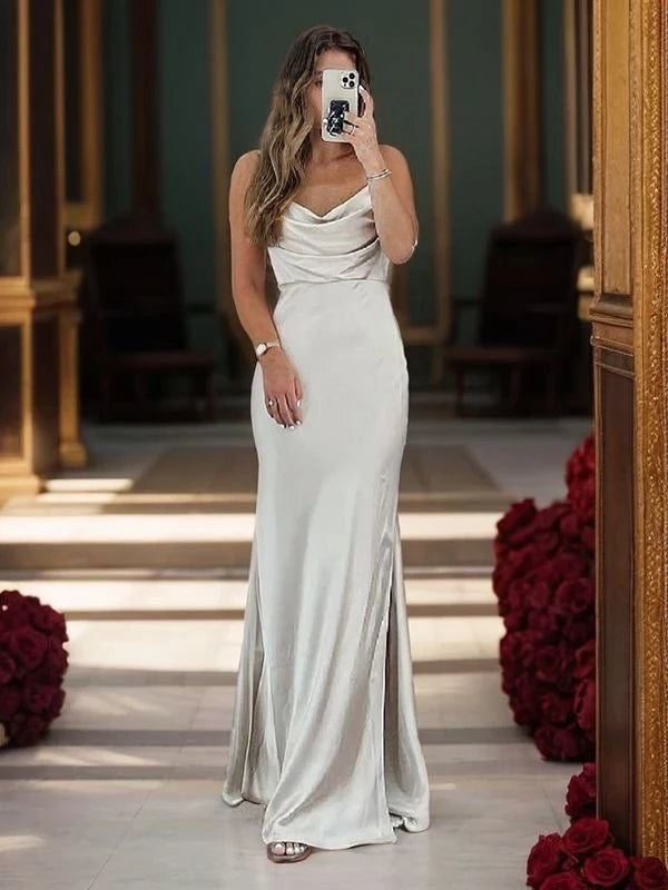 Ruched Spaghetti Straps Sleeveless cSheath Silk like Satin Floor-Length Bridesmaid Dresses