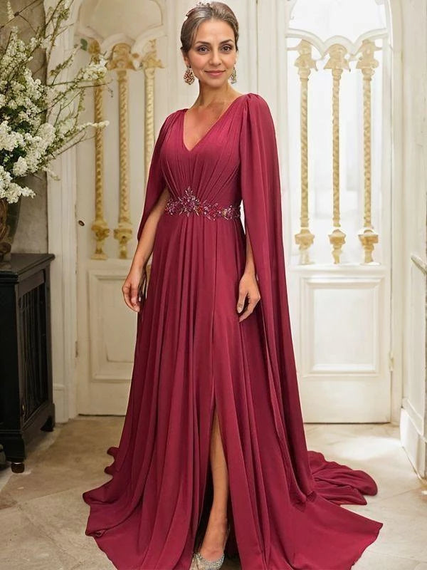 Ruched V-neck Long Sleeves A-Line Chiffon Court Train Mother of the Bride Dresses