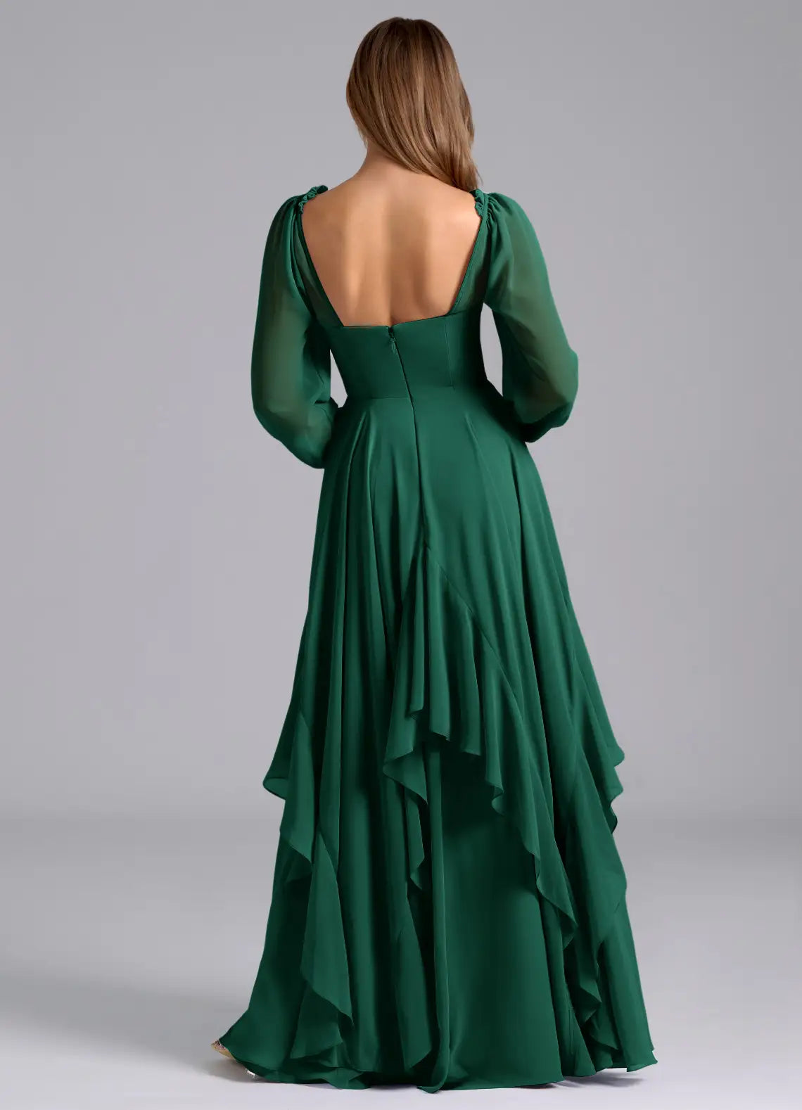 Ruffled Layer Sheer Sleeve V Neck Chiffon A Line Keyhole Back Floor Length Female Prom Dress