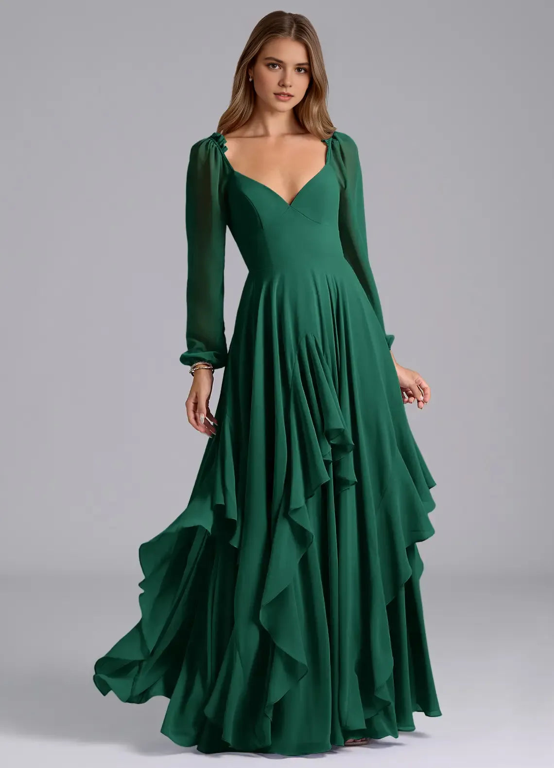 Ruffled Layer Sheer Sleeve V Neck Chiffon A Line Keyhole Back Floor Length Female Prom Dress