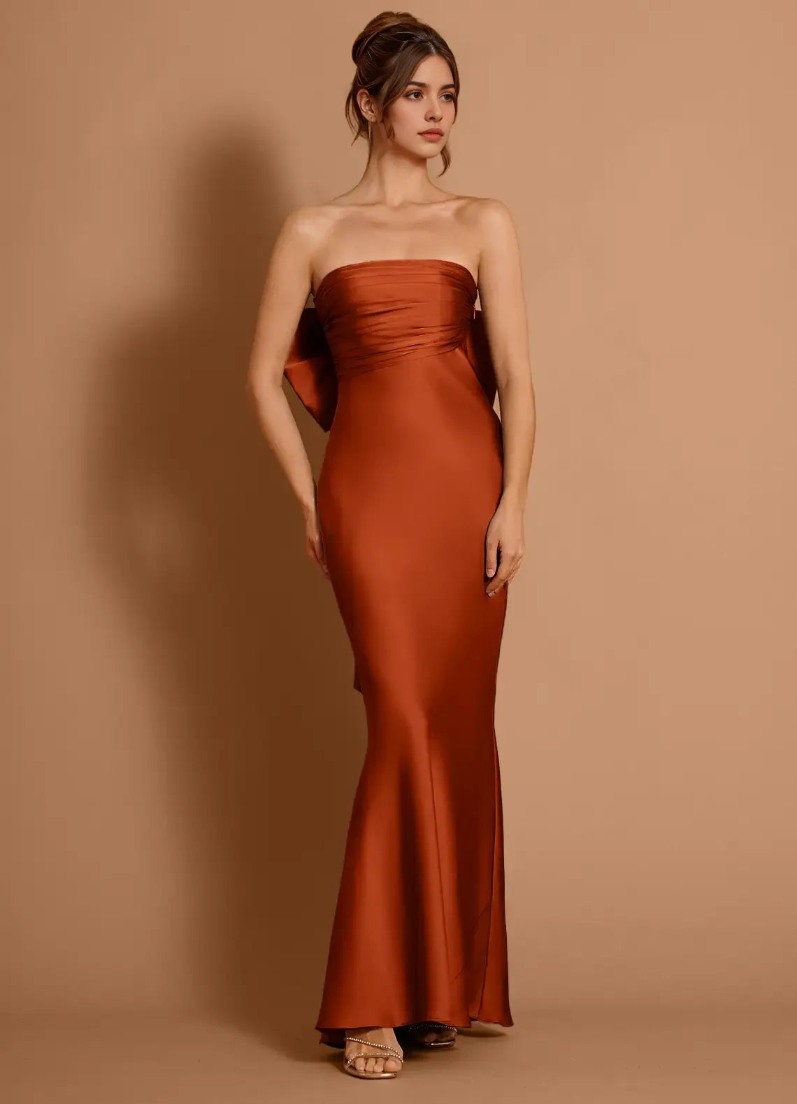 Ruffled Mermaid Strapless Sleeveless Bow Back Floor Length For Ladies Prom Dress