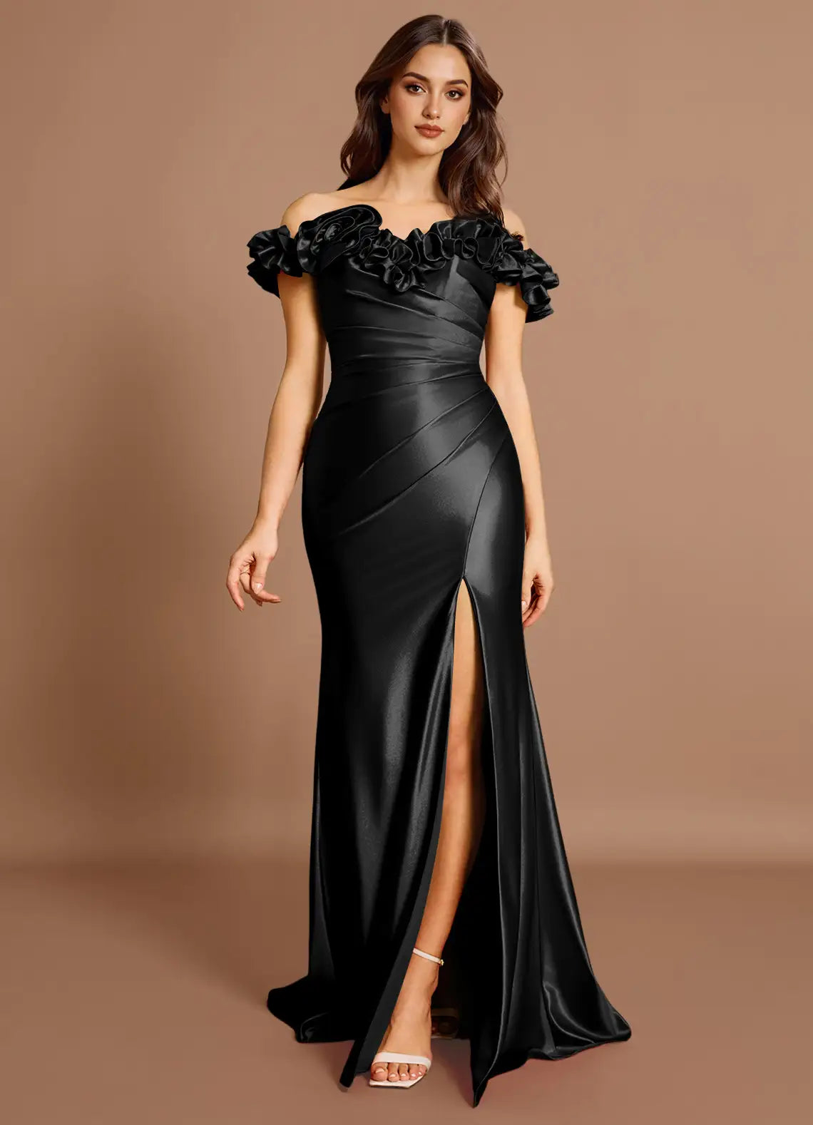 Ruffled Shoulder Off Shoulder Satin Mermaid Open Back Train High Slit Floor Length Hot sale Prom Dress