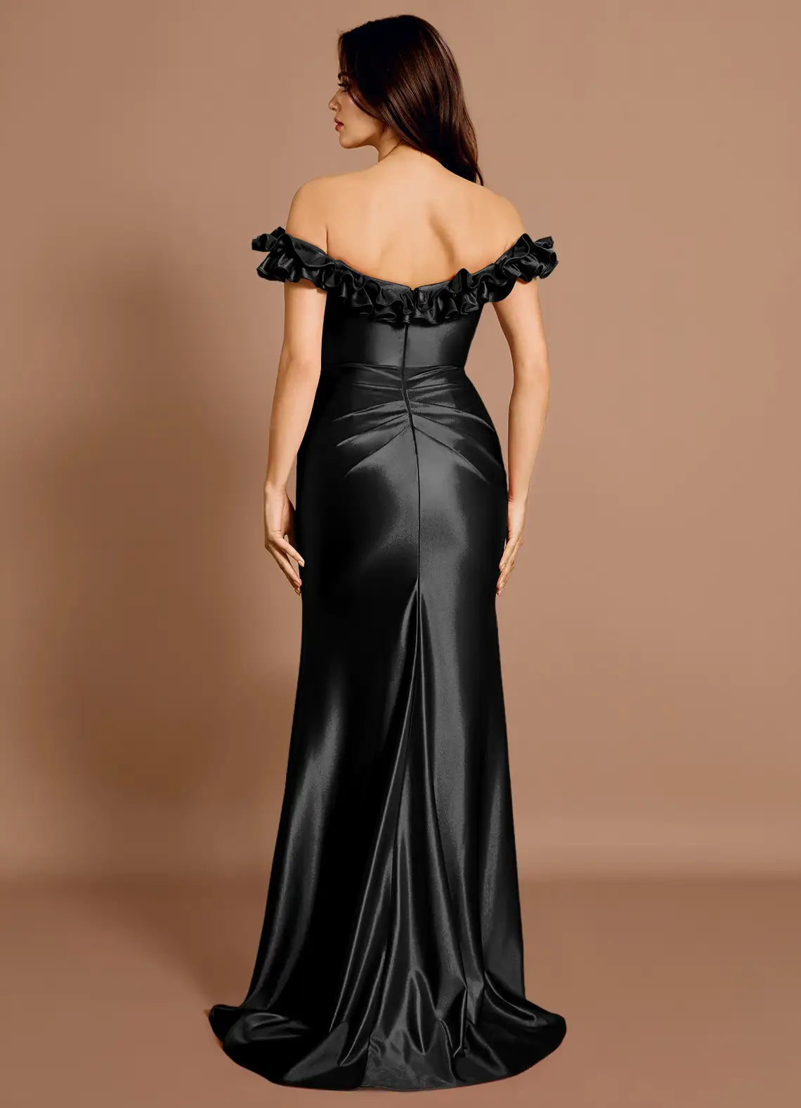 Ruffled Shoulder Off Shoulder Satin Mermaid Open Back Train High Slit Floor Length Hot sale Prom Dress