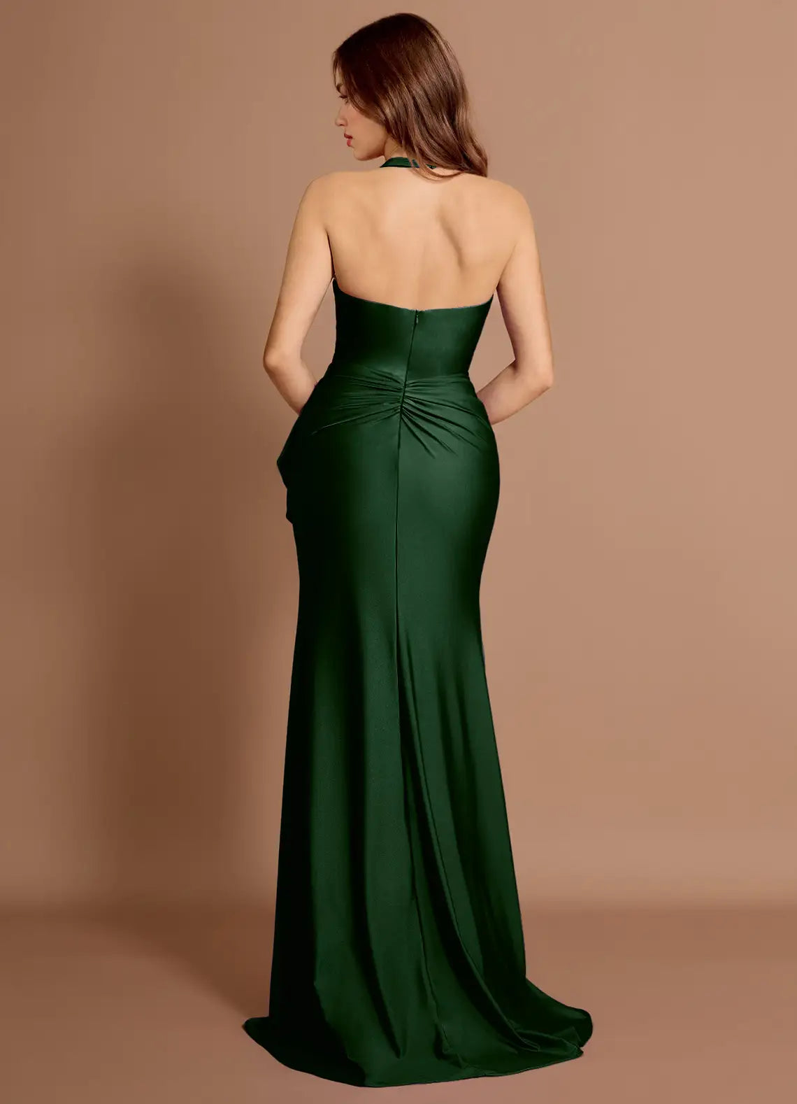 Ruffled Side Halter Neck Mermaid Satin Open Back Train Floor Length Hot sale Prom Dress