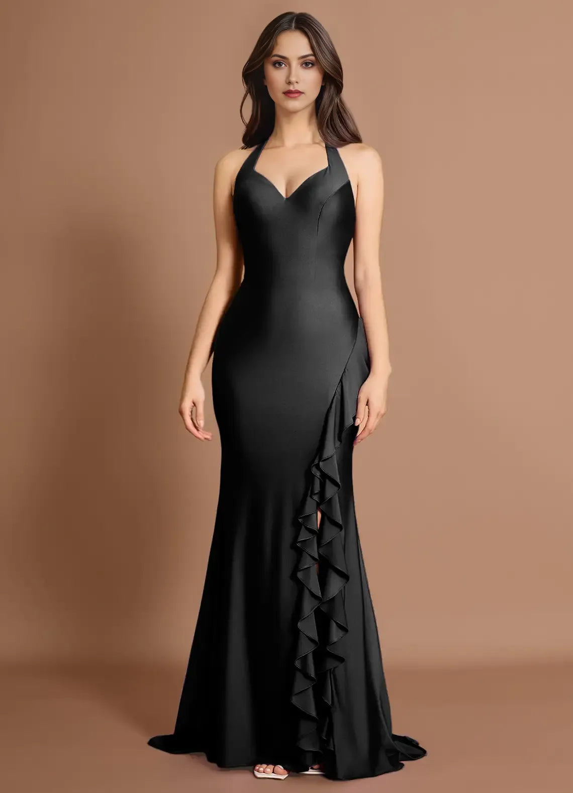 Ruffled Side Halter Satin Mermaid Ruched Back Open Back Train High Slit Floor Length For Ladies Prom Dress