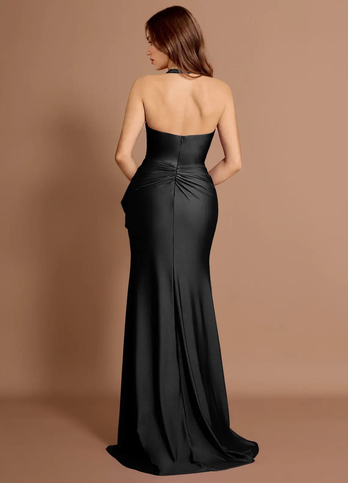 Ruffled Side Halter Satin Mermaid Ruched Back Open Back Train High Slit Floor Length For Ladies Prom Dress