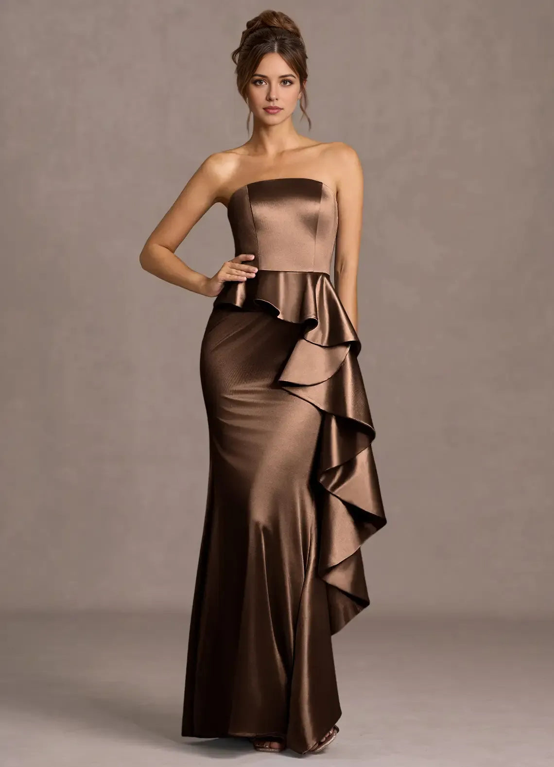 Ruffled Side Strapless Mermaid Satin Open Back Floor Length Hot sale Prom Dress
