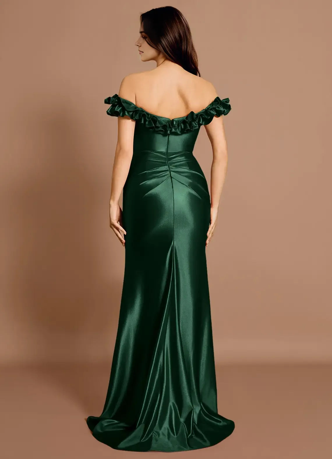 Ruffled Trim Convertible Shoulder Satin Mermaid Ruched Bodice Open Back Train High Slit Floor Length Female Prom Dress