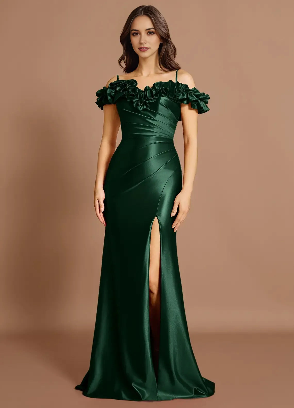 Ruffled Trim Convertible Shoulder Satin Mermaid Ruched Bodice Open Back Train High Slit Floor Length Female Prom Dress