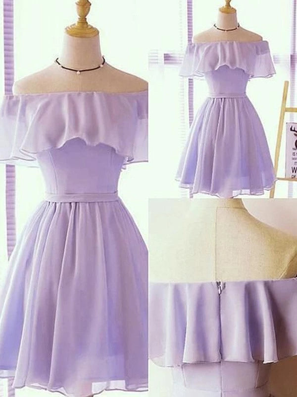 Ruffles Off-the-Shoulder Princess Purple Chiffon Sleeveless Short Homecoming Dresses
