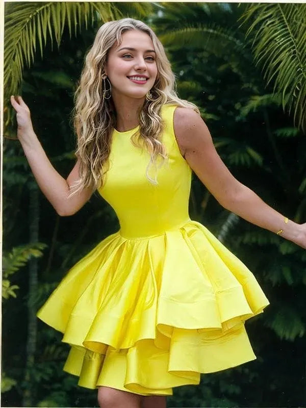 Ruffles Scoop Satin Sleeveless Short Dresses Party Dresses Evening Dresses Homecoming Dresses
