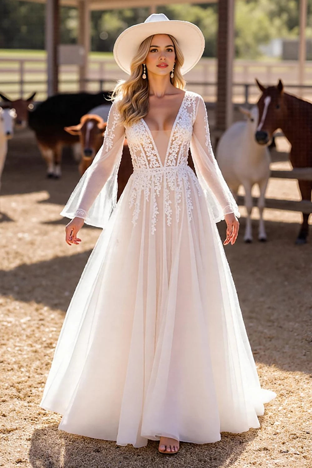 Rustic A Line Deep V Neck Bell Sleeve Open Back Floor Length Wedding Dress