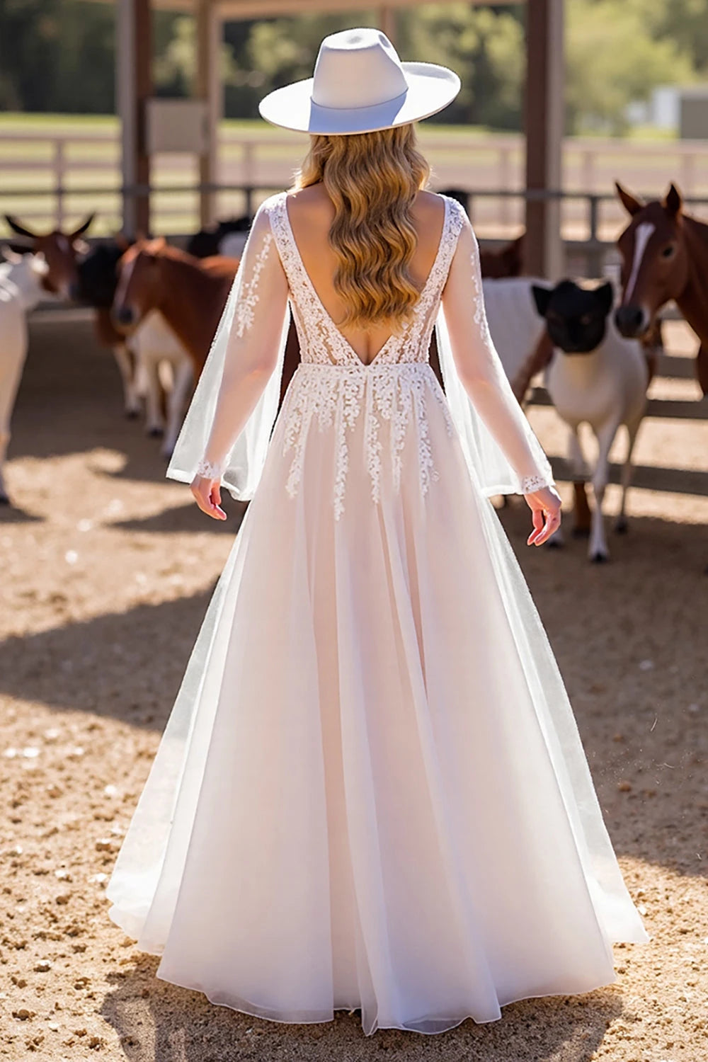 Rustic A Line Deep V Neck Bell Sleeve Open Back Floor Length Wedding Dress