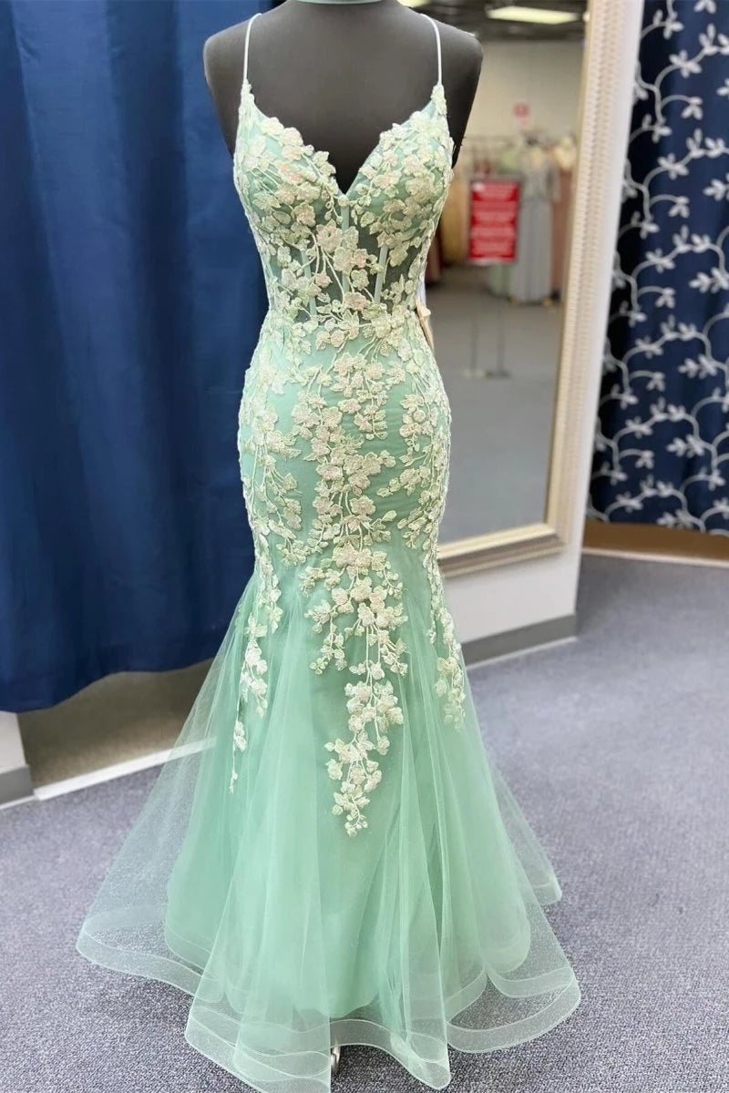 Sage Green Spaghetti Straps Mermaid With Appliques Floor-Length Evening Dresses Evening Dresses Prom Dress