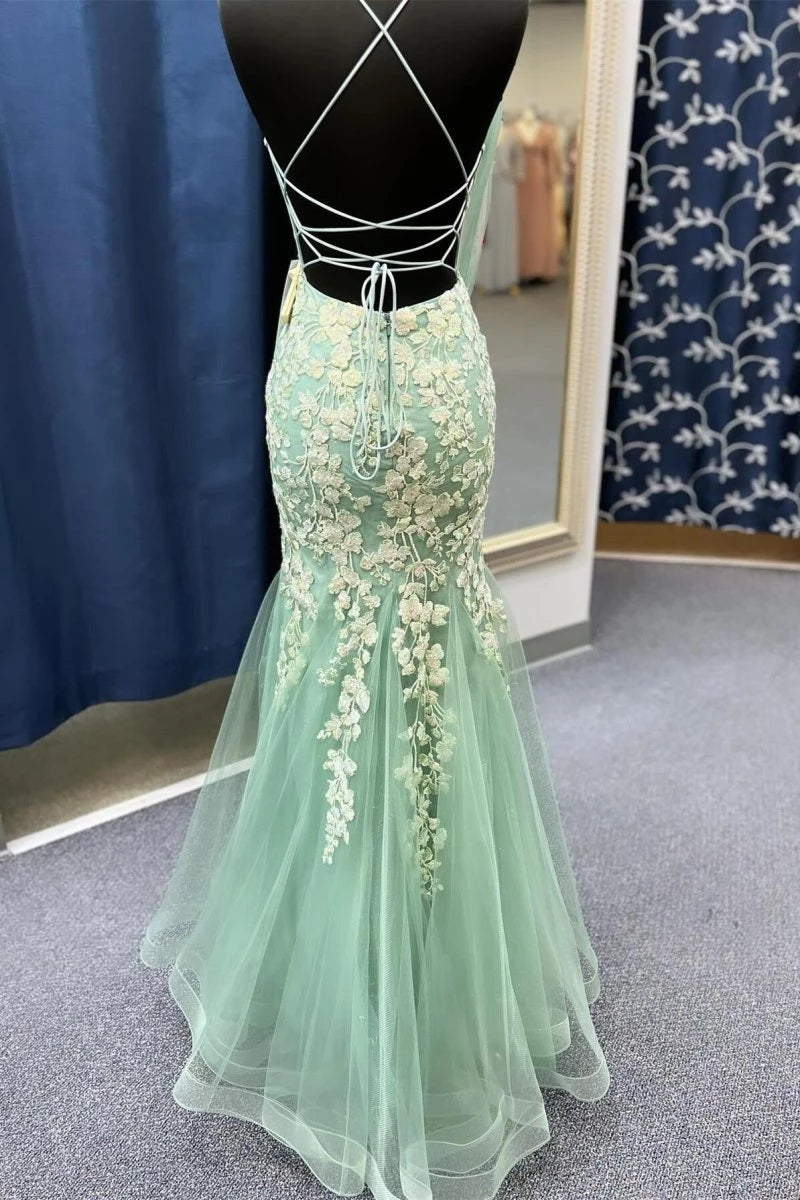 Sage Green Spaghetti Straps Mermaid With Appliques Floor-Length Evening Dresses Evening Dresses Prom Dress