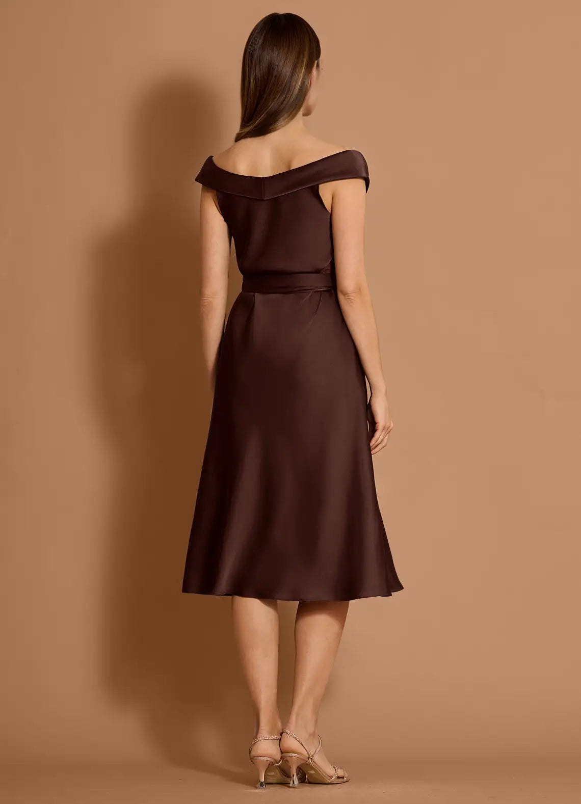 Satin Belted Fit and Flare Off The Shoulder Sleeveless Open Back Midi Length Hot sale Prom Dress