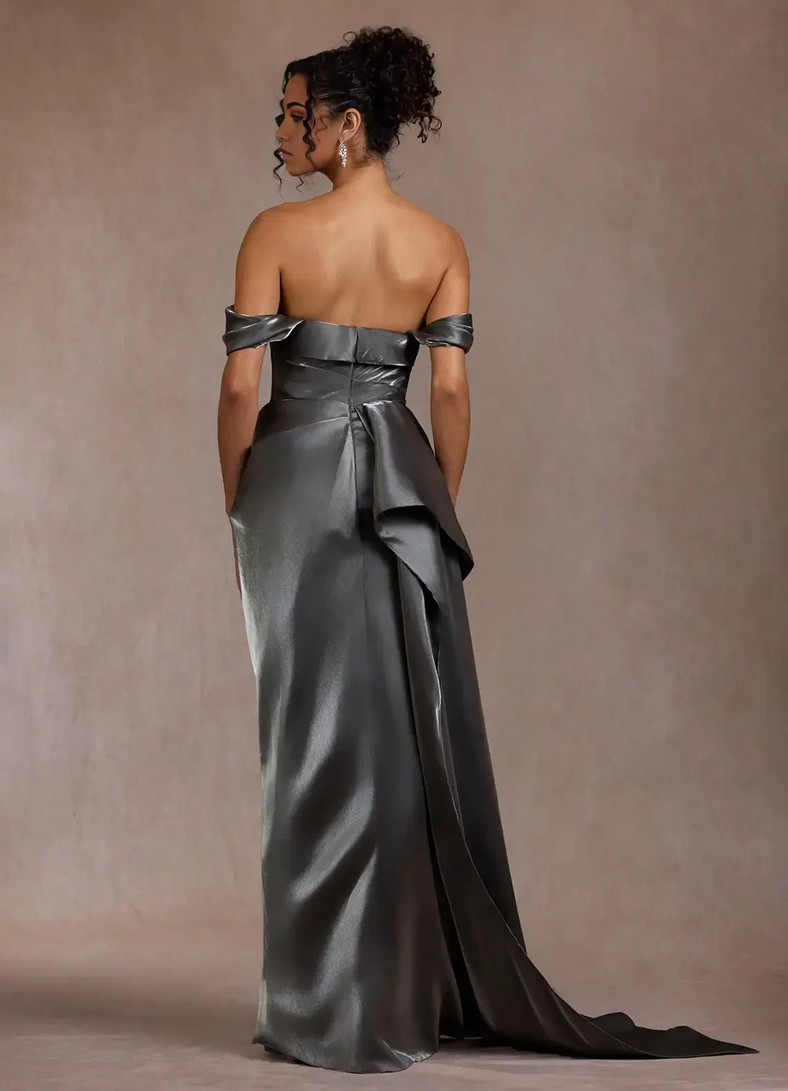 Satin Draped Mermaid Off The Shoulder Sleeveless Open Back Train Floor Length Female Prom Dress