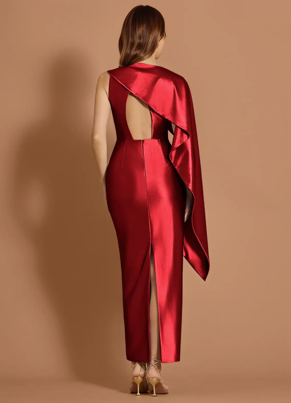 Satin One Shoulder Sheath Sleeveless Cutout Back Midi Length Hot sale Prom Dress