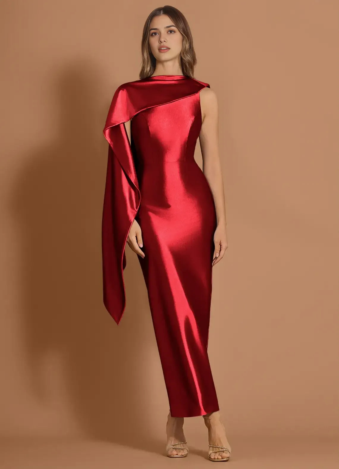 Satin One Shoulder Sheath Sleeveless Cutout Back Midi Length Hot sale Prom Dress