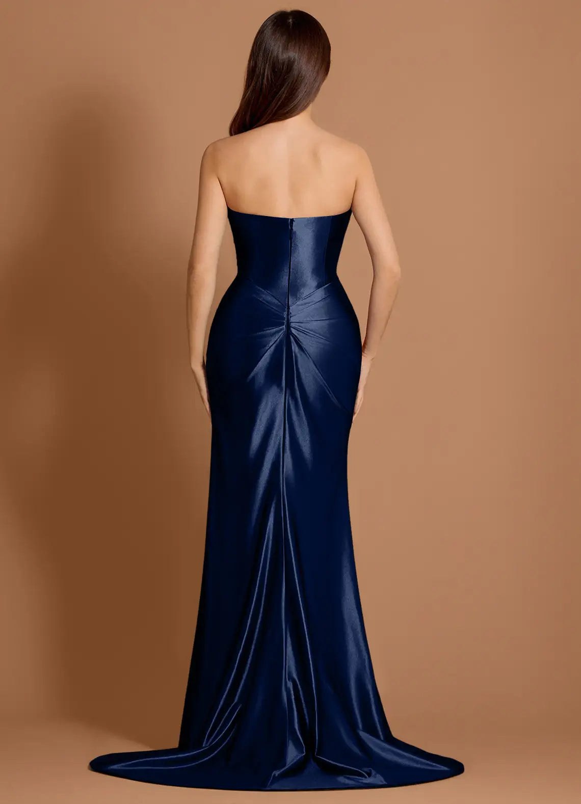 Satin Ruched Mermaid Strapless Sleeveless Open Back Train Floor Length Hot sale Prom Dress