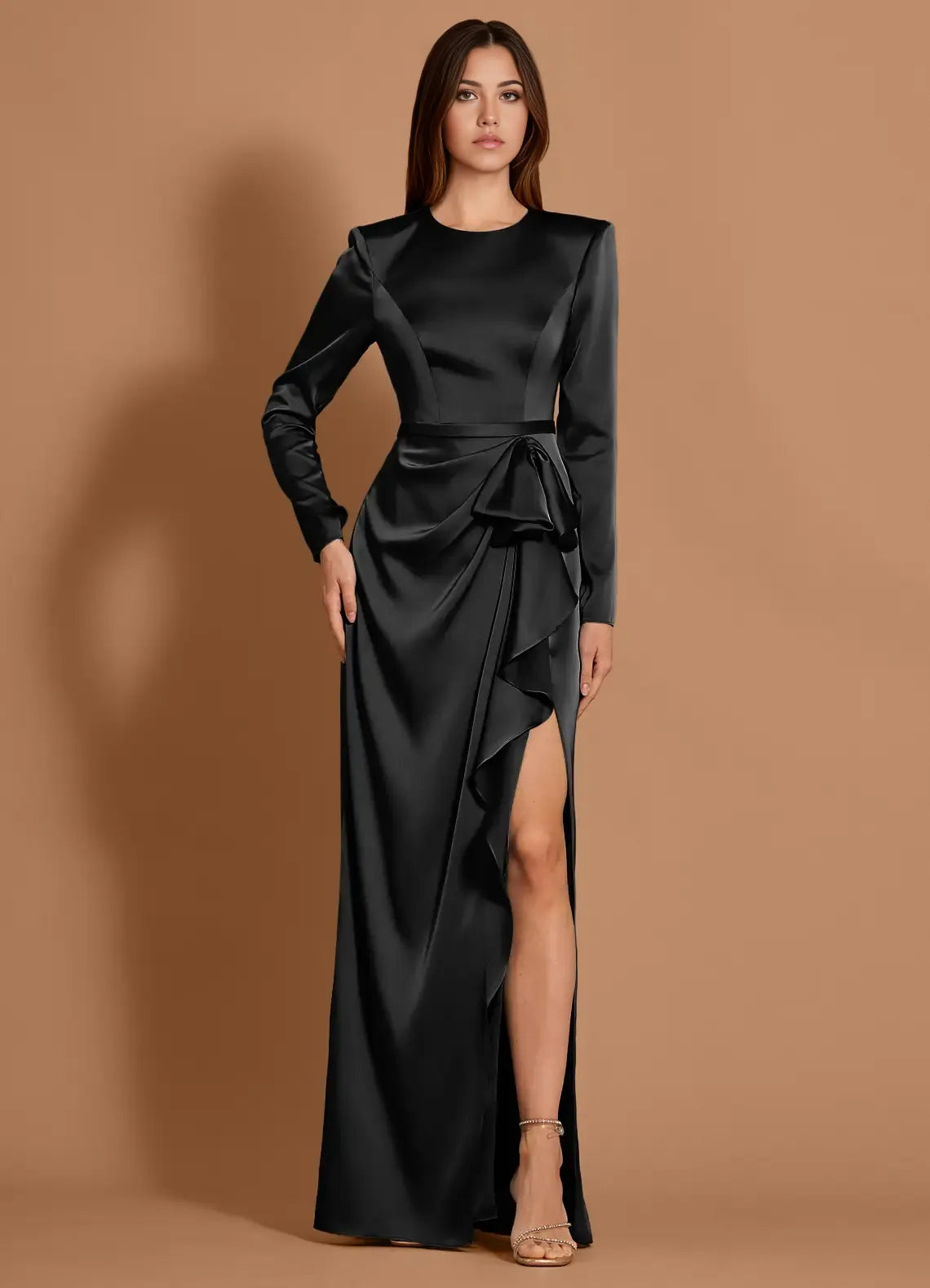 Satin Ruffled Sheath Crew Neck Long Sleeve Zipper Back Floor Length Hot sale Prom Dress