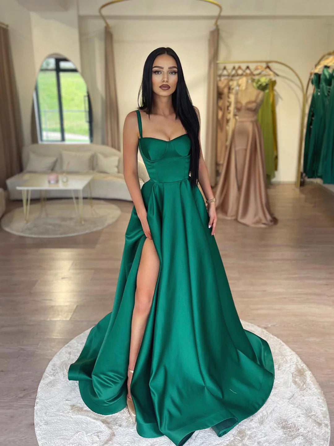 Satin A-Line Dark Green Spaghetti Straps Long Prom Dresses with Split