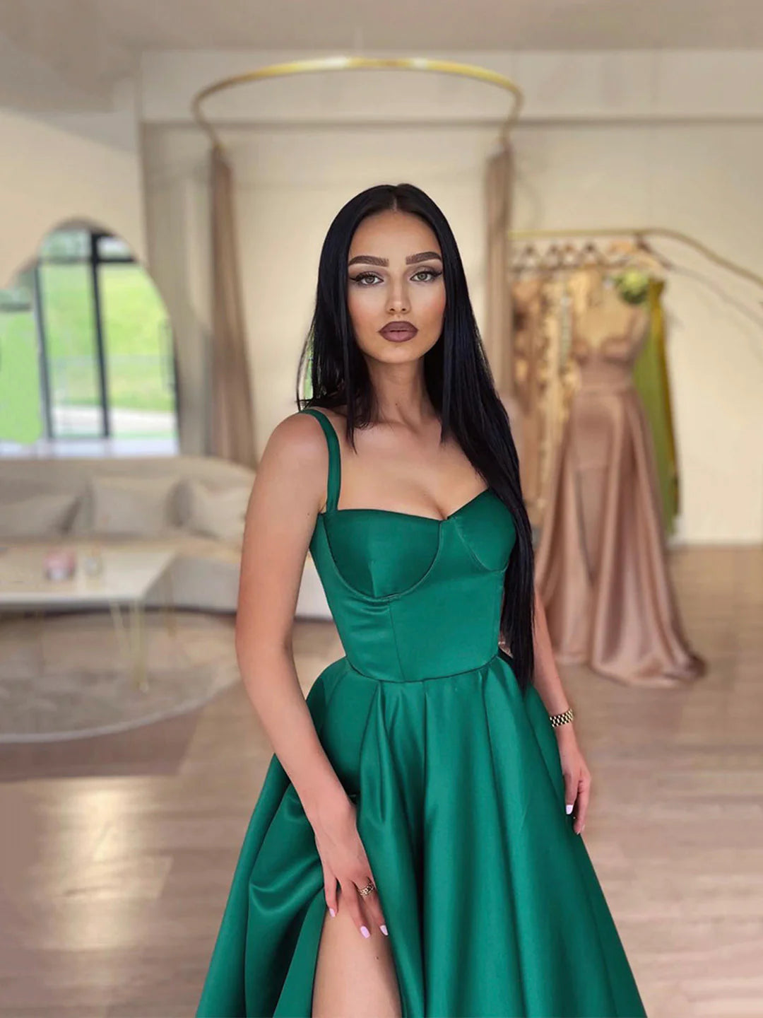 Satin A-Line Dark Green Spaghetti Straps Long Prom Dresses with Split