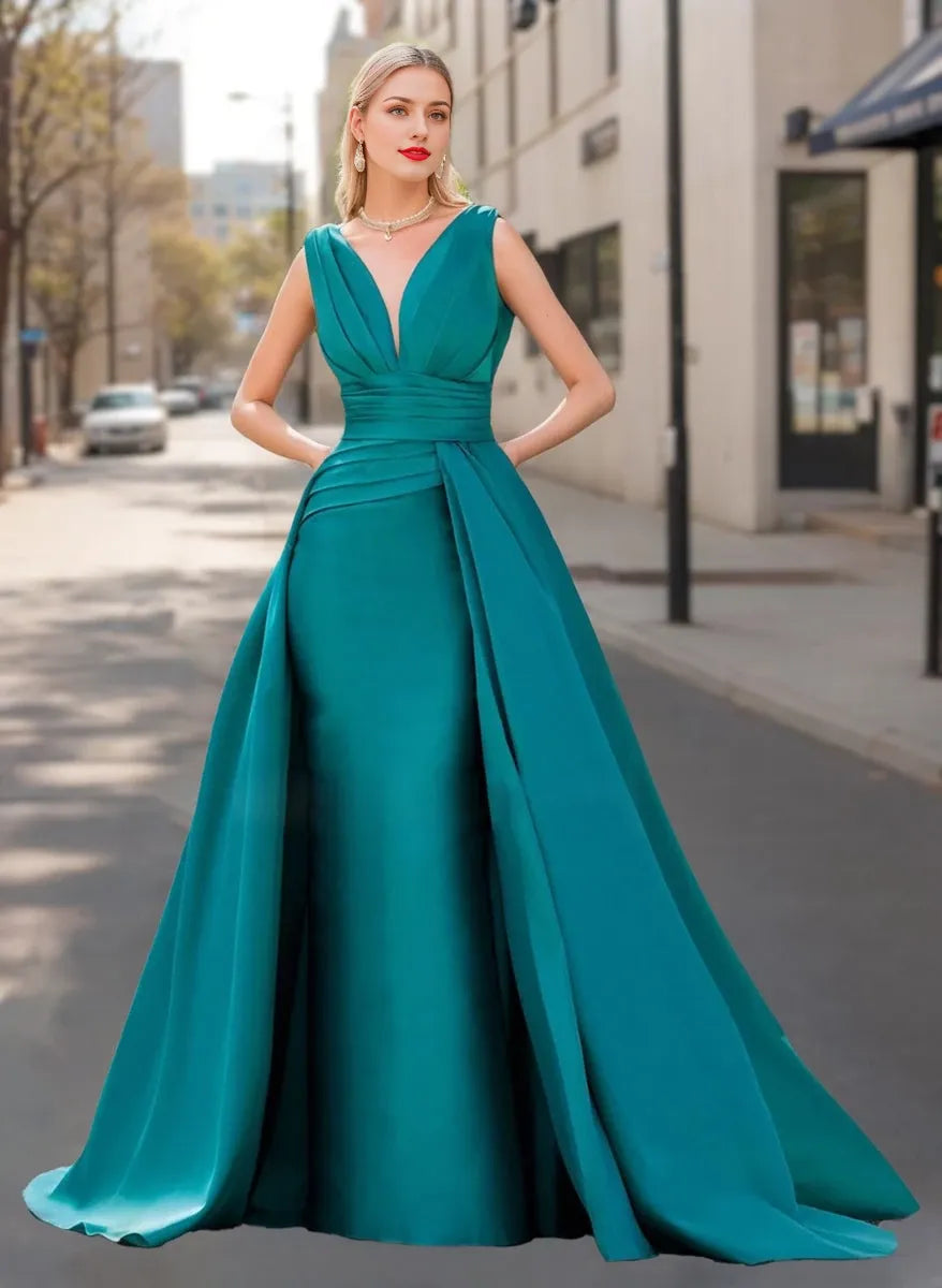 Satin A-Line V-Neck Sleeveless Floor-Length Ruffles Luxurious Party Dresses Evening Dresses Prom Dress