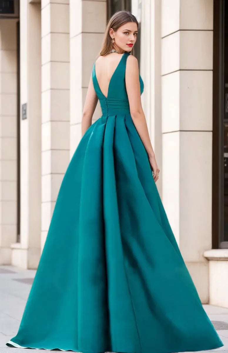 Satin A-Line V-Neck Sleeveless Floor-Length Ruffles Luxurious Party Dresses Evening Dresses Prom Dress