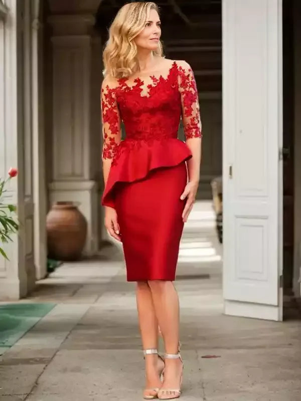 Satin Applique Scoop 3/4 Sleeves Knee-Length Sheath Mother of the Bride Dresses