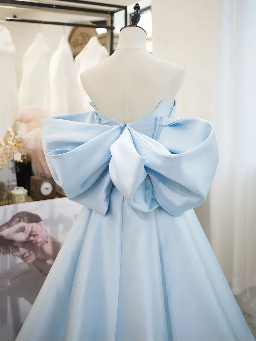 Satin Blue Long Prom Dress A-Line Off the Shoulder Evening Party Dress