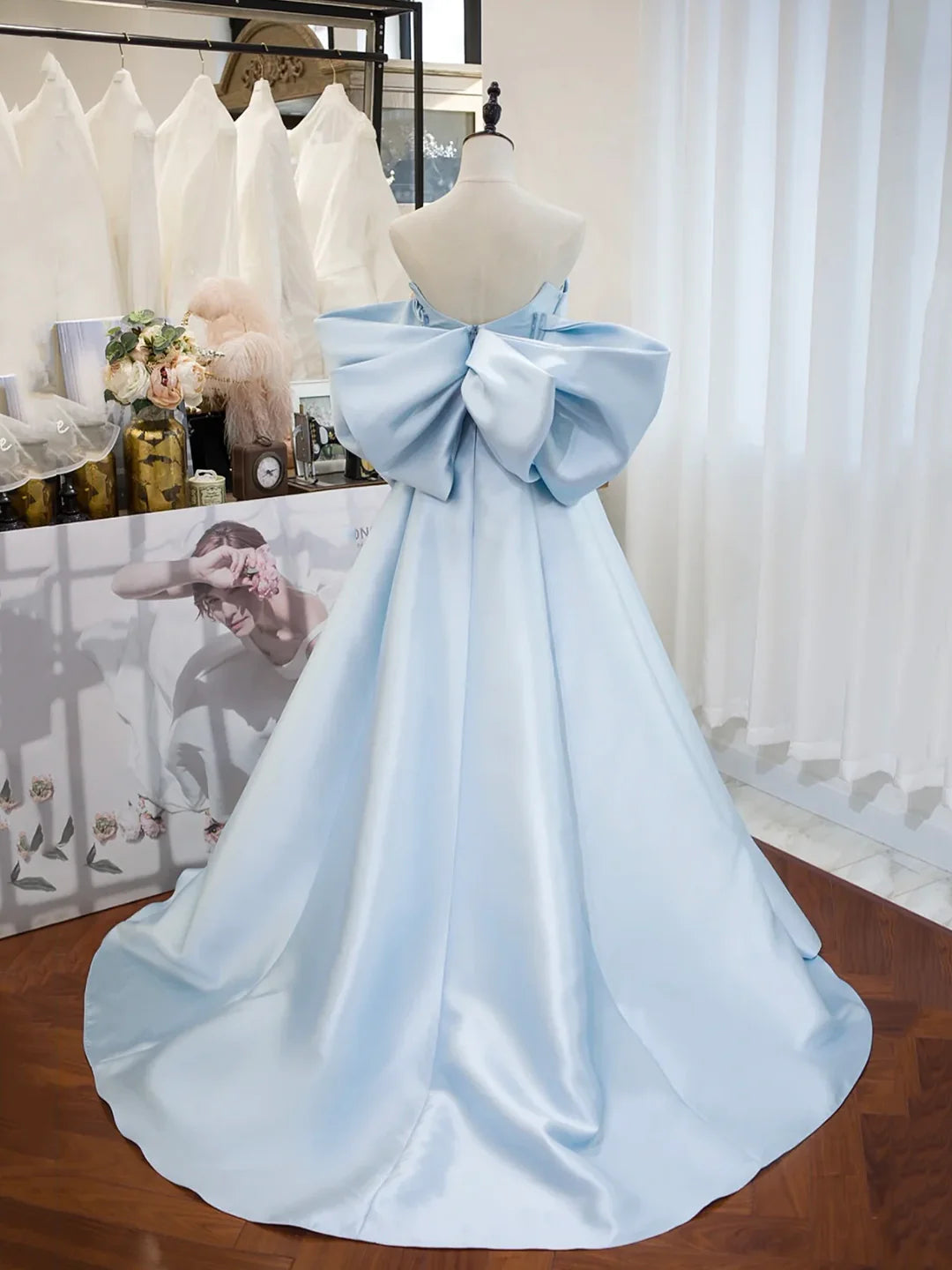 Satin Blue Long Prom Dress A-Line Off the Shoulder Evening Party Dress