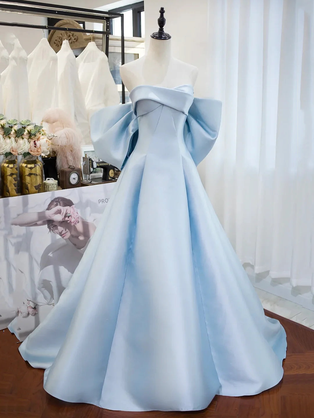 Satin Blue Long Prom Dress A-Line Off the Shoulder Evening Party Dress