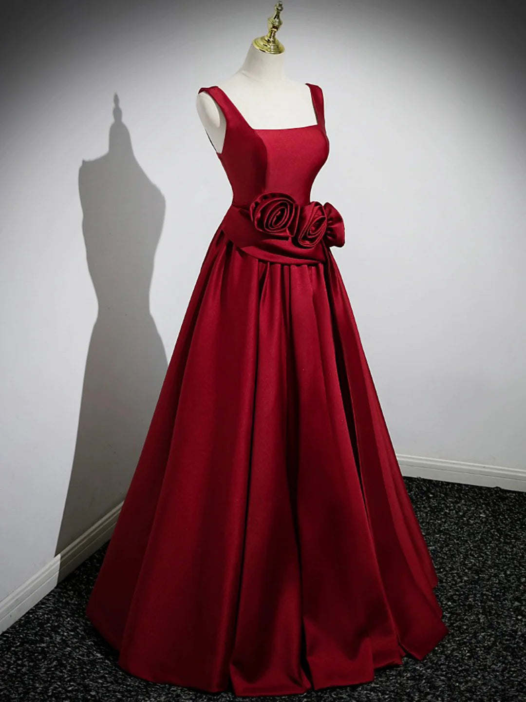 Satin Burgundy Long Prom Dress with Flowers, Elegant A-Line Party Dress