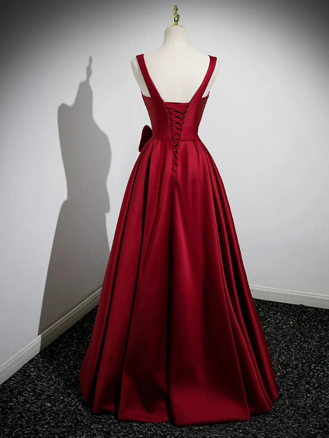 Satin Burgundy Long Prom Dress with Flowers, Elegant A-Line Party Dress